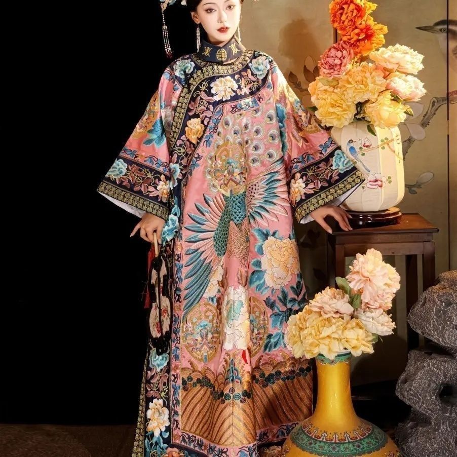 Ethnic Gown - Kadın Qing Hanedanlığı Anka Kuşu Baskılı